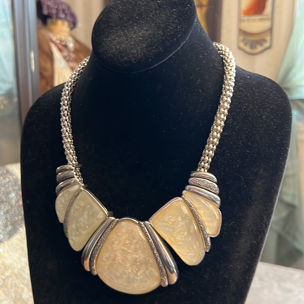 Silvertone And Cream Statement Necklace With Moth… - image 2